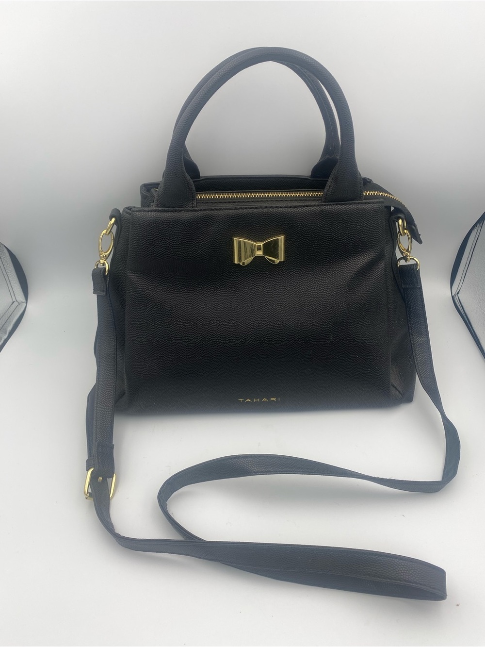 Tahari Black Satchel with Gold Bow Accent
